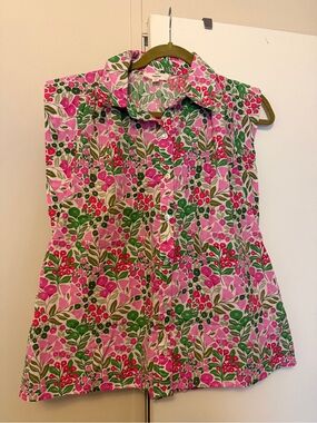 Sleeveless Pink Green Floral Button-Down Top
